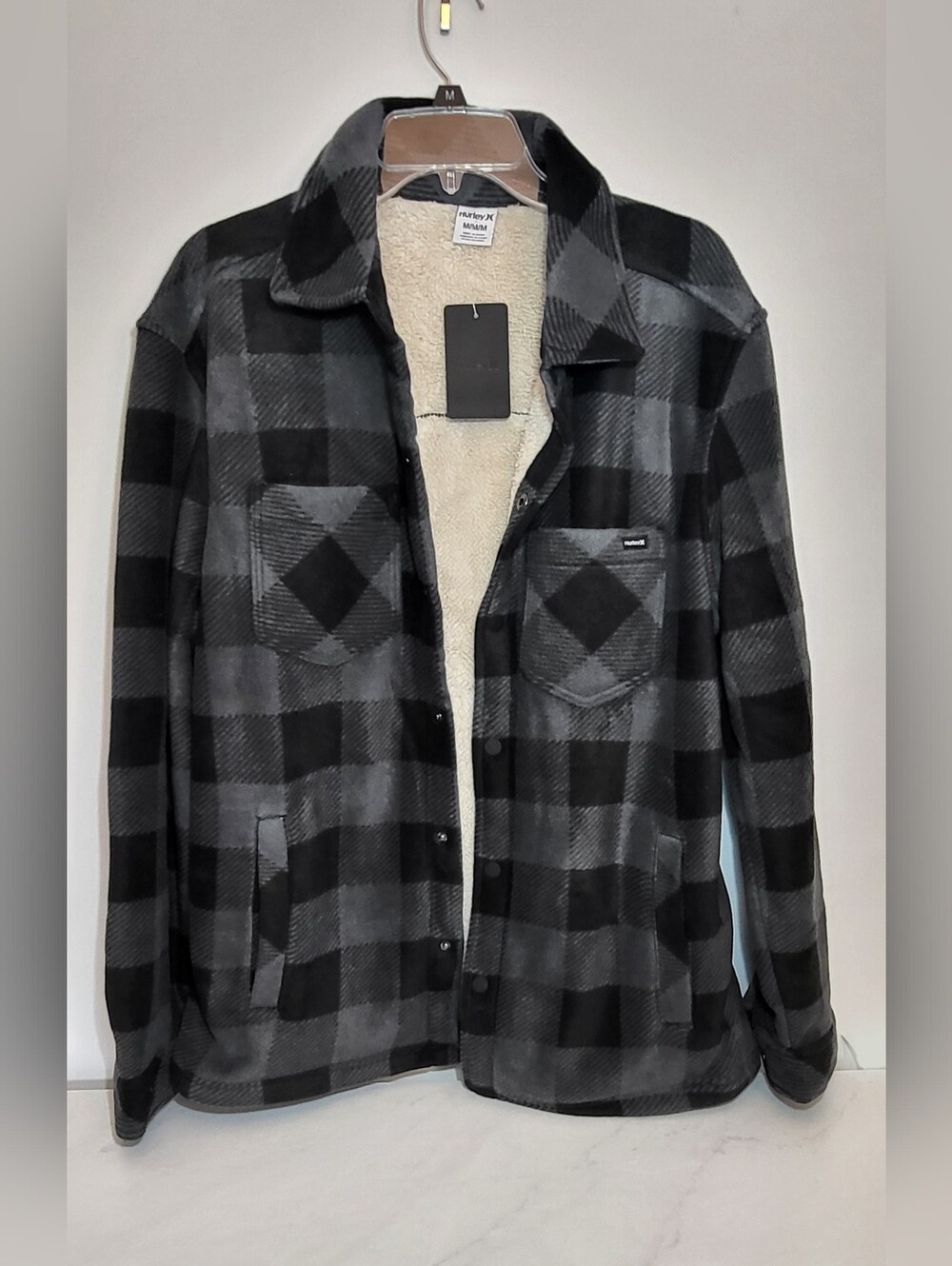 New Hurley Fleece Flannel Button Up Jacket Men's Medium Sherpa Lined Gray Black